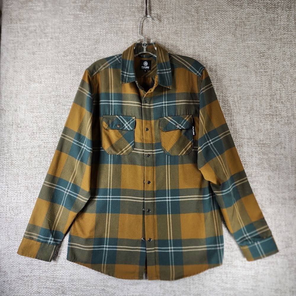 Flylow Handlebar Tech Flannel Shirt Mens M Brown Blue Plaid Snap Pockets